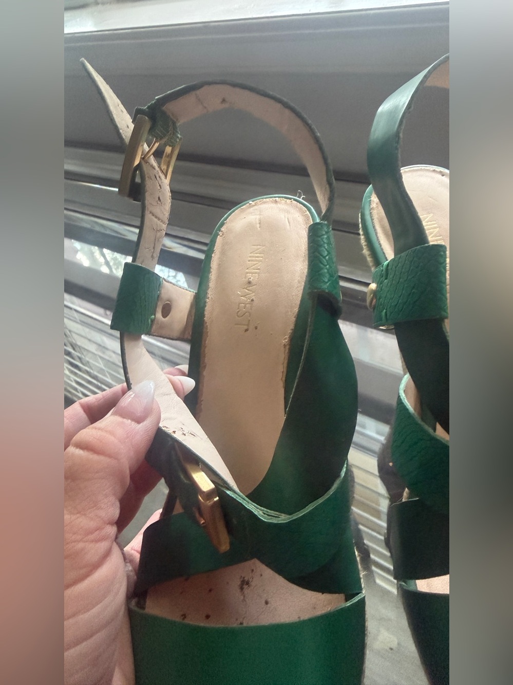 Nine West Emerald Green Leather Wedge Sandals with Gold Buckles - Picture 2 of 7